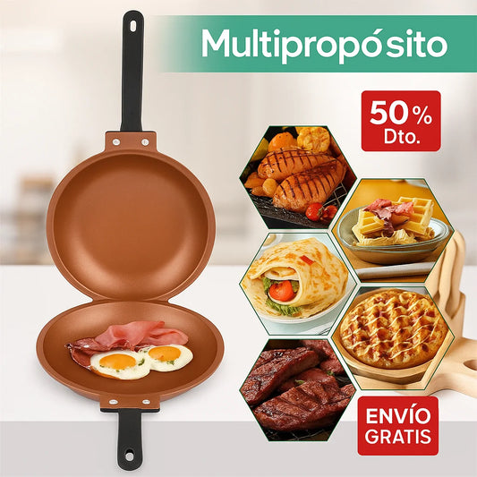 SARTÉN ANTIADHERENTE DOBLE CARA ¡COCINA FÁCIL, SIN ENSUCIAR Y SIN QUE NADA SE TE PEGUE!